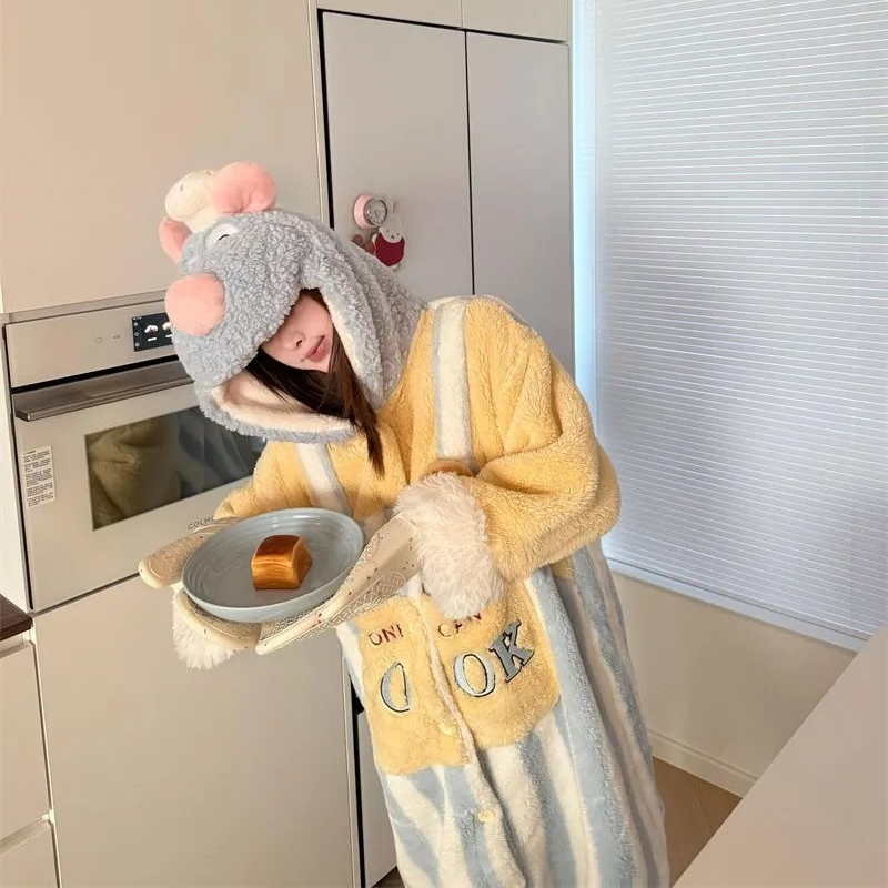 Fleece Hoodie Lined - 카툰 디즈니 라따뚜이 로브 귀여운 코랄